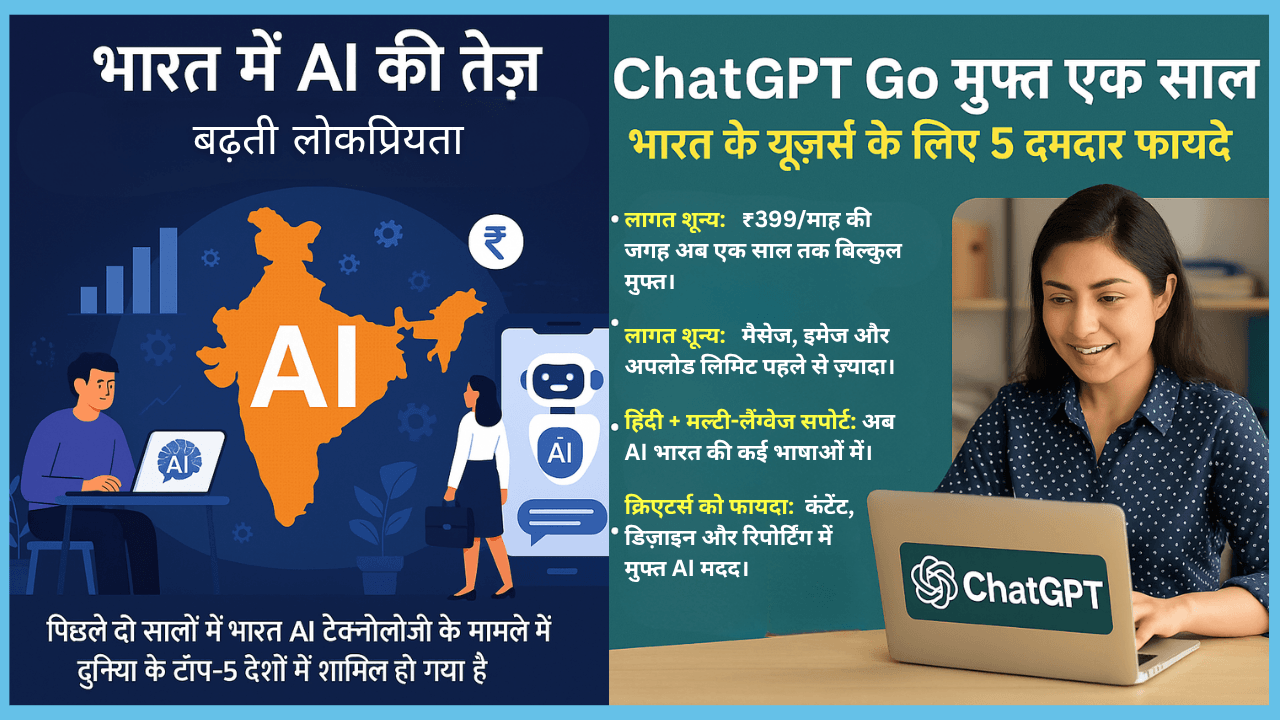 ChatGPT Go free for one year-ChatGPT Go क्या है और इसके 5 शानदार फायदे – Laptop और Smartphone पर ChatGPT Go का इंटरफ़ेस दिखाता हुआ डिजिटल इन्फोग्राफिक, India users के लिए मुफ्त AI subs