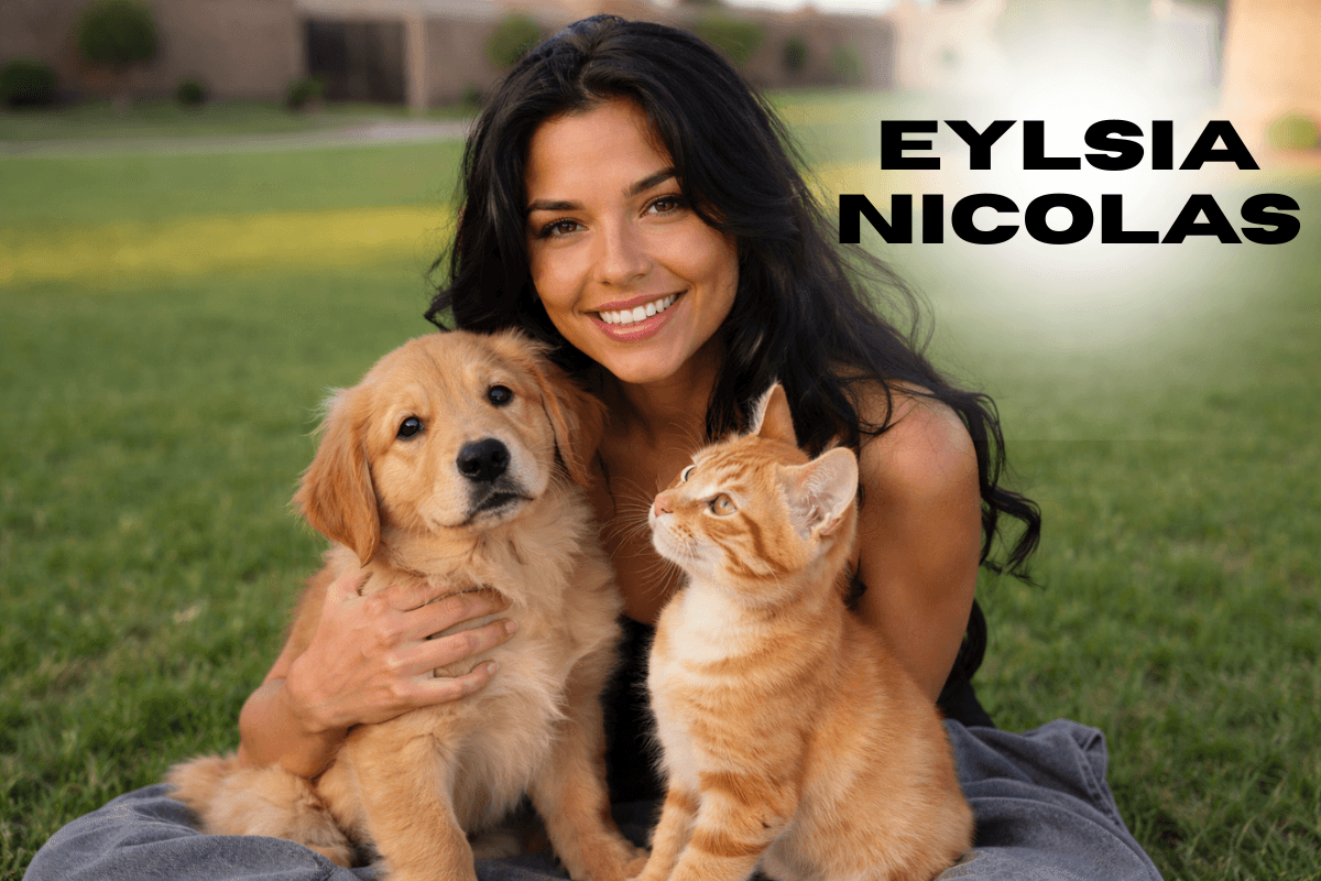 Eylsia Nicolas smiling with dog and cat outdoor, viral singer lifestyle image