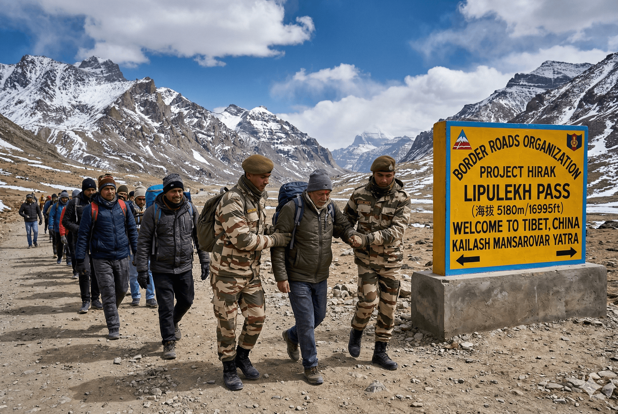 आईटीबीपी (ITBP) के जवान लिपुलेख दर्रे पर कैलाश मानसरोवर यात्रियों की सहायता करते हुए और बीआरओ (BRO) का साइनबोर्ड।