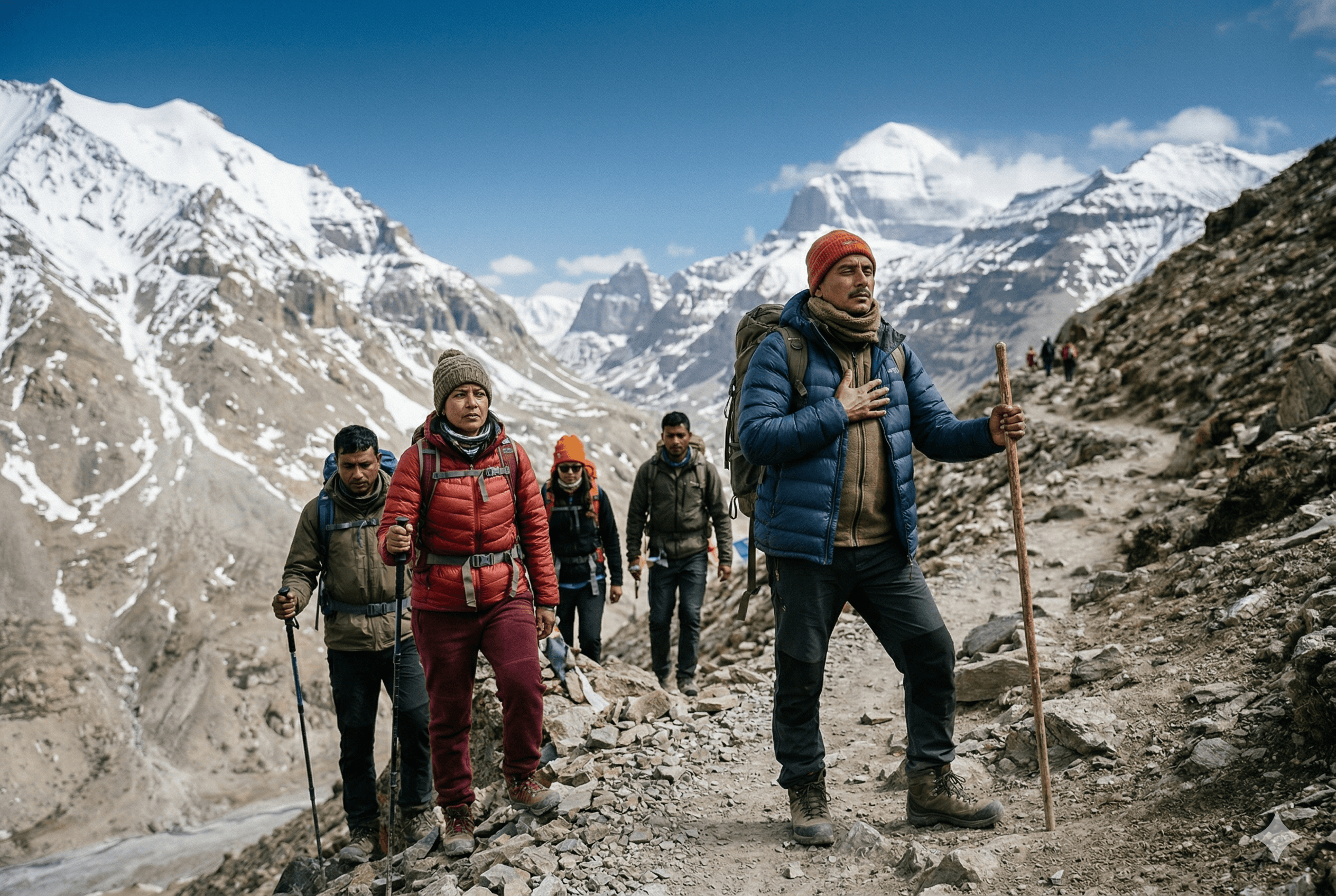 Himalaya ki unchai par Kailash Mansarovar Yatra ke dauraan saans lene ki kriya (Pranayama) karte huye ek purush tirthyatri, jiske peeche mahilaon samet 3-4 log aur hain. (Fitness Preparation)