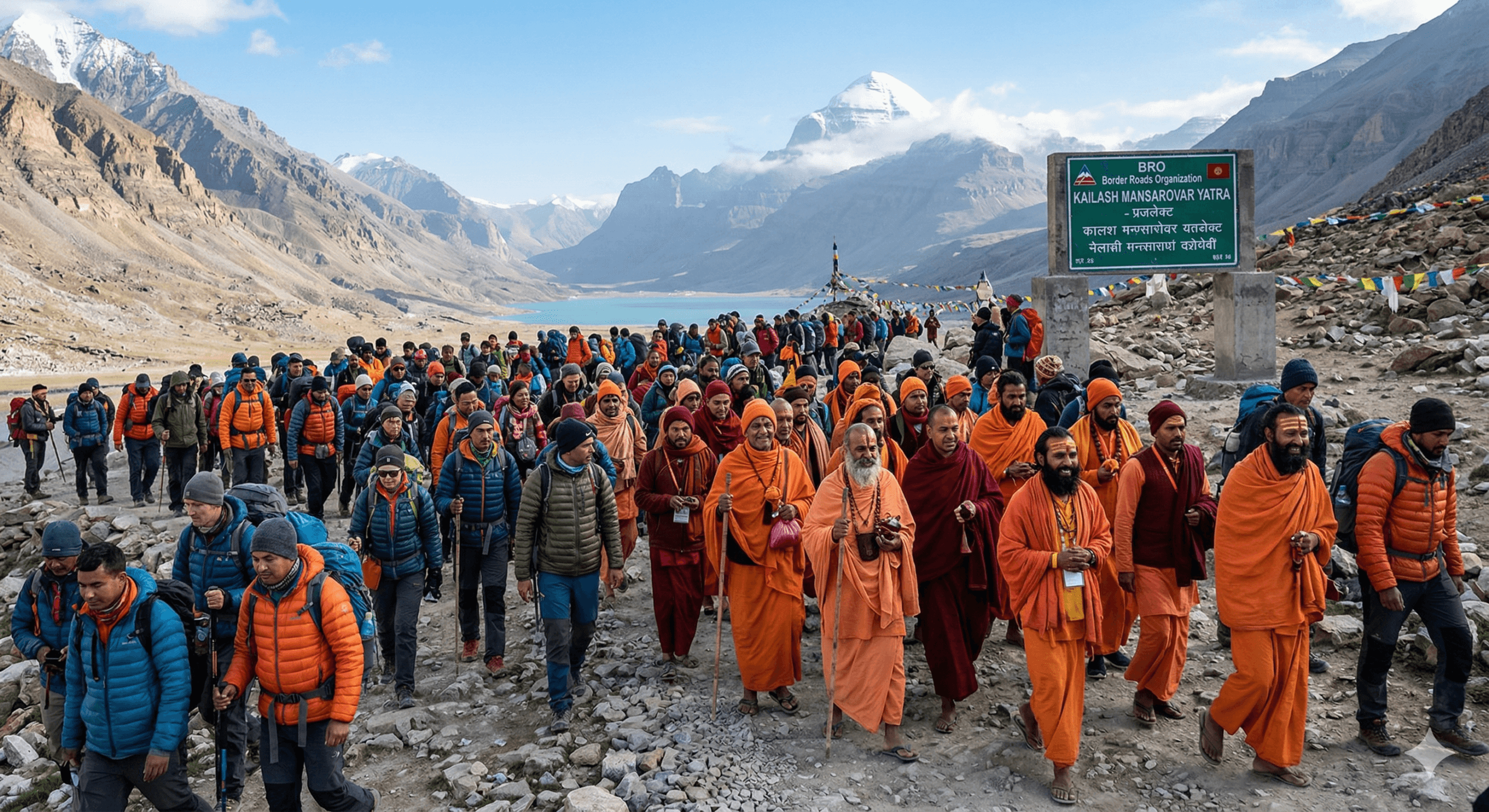 Himalaya ke pahaadon mein Kailash Mansarovar Yatra par chalte huye sainkaron tirthyatriyon ka ek bada jatha, jisme sannyasi aur multi-colored trekking gear wale log shamil hain.