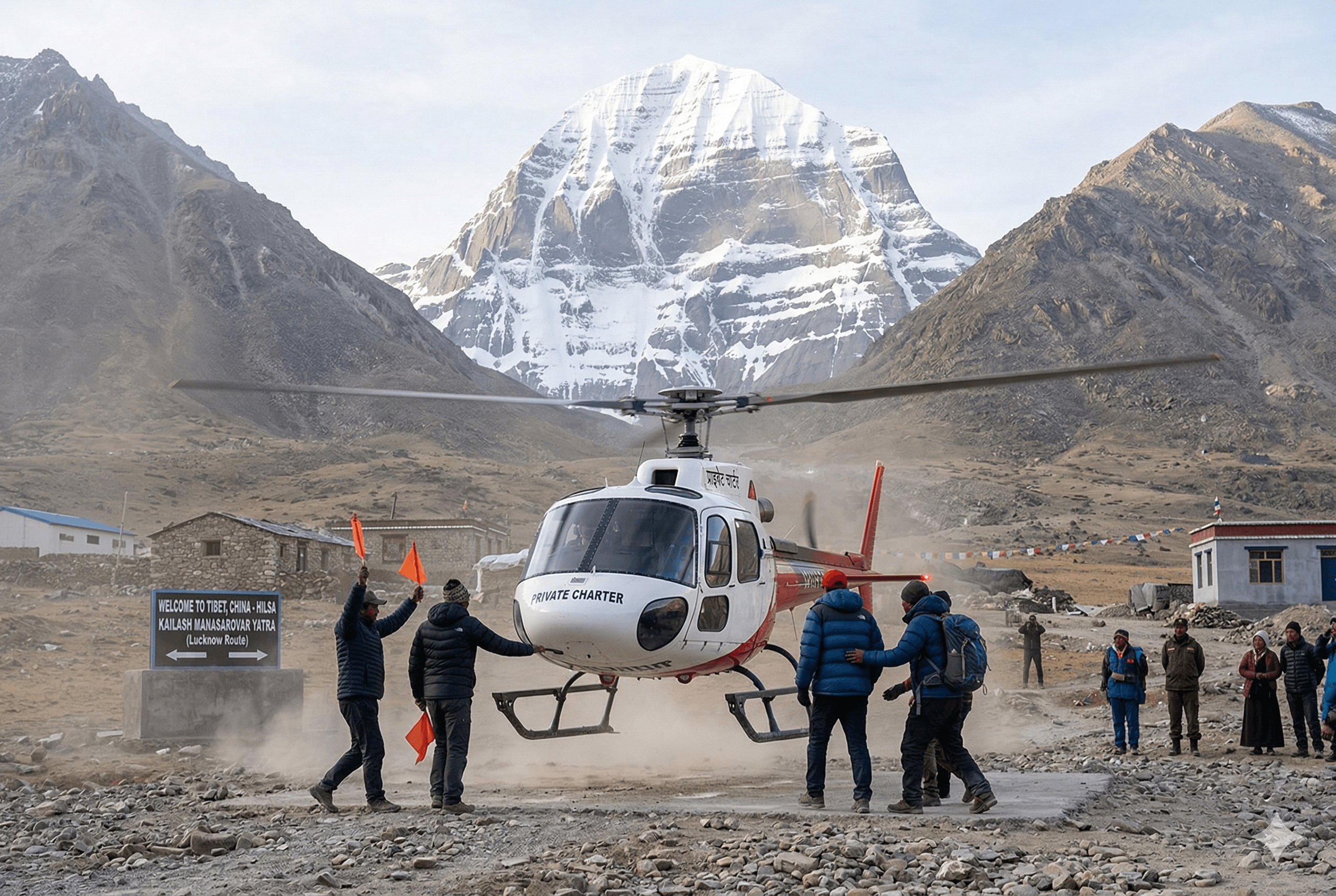 Nepal aur Tibet ke Hilsa Border par land karta ek private helicopter, jis par 'Private Charter' likha hai, peeche Mount Kailash dikhai de raha hai. (Lucknow Route)