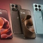Three Motorola Edge 70 Pro Plus smartphones in burgundy, brown and light blue