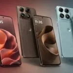 Three Motorola Edge 70 Pro Plus smartphones in burgundy, brown and light blue