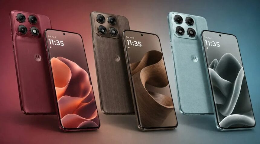 Three Motorola Edge 70 Pro Plus smartphones in burgundy, brown and light blue