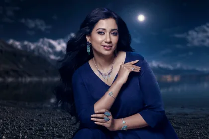Shreya Ghoshal wearing silver jewellery as Shaya by CaratLane Brand Ambassador