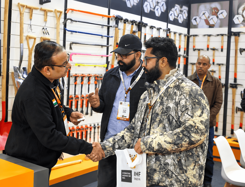 Hardware Fair India event with participants at a tools exhibition booth