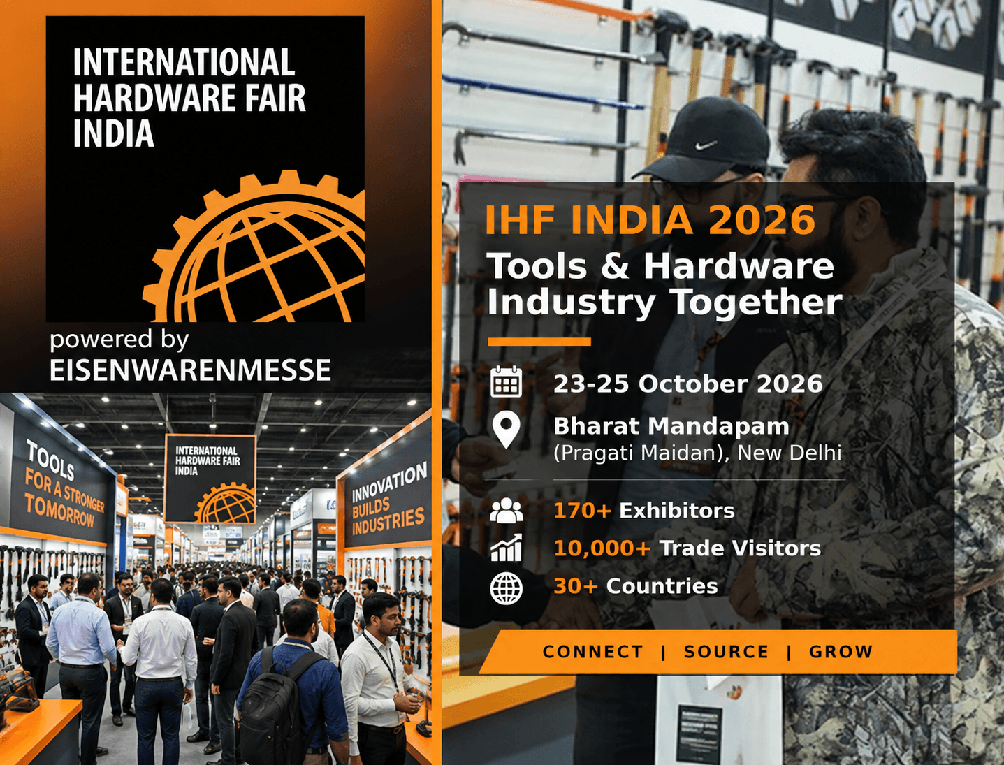 International Hardware Fair India 2026 exhibition with event crowd and hardware tools
