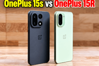 OnePlus 15s vs OnePlus 15R comparison graphic with two smartphones