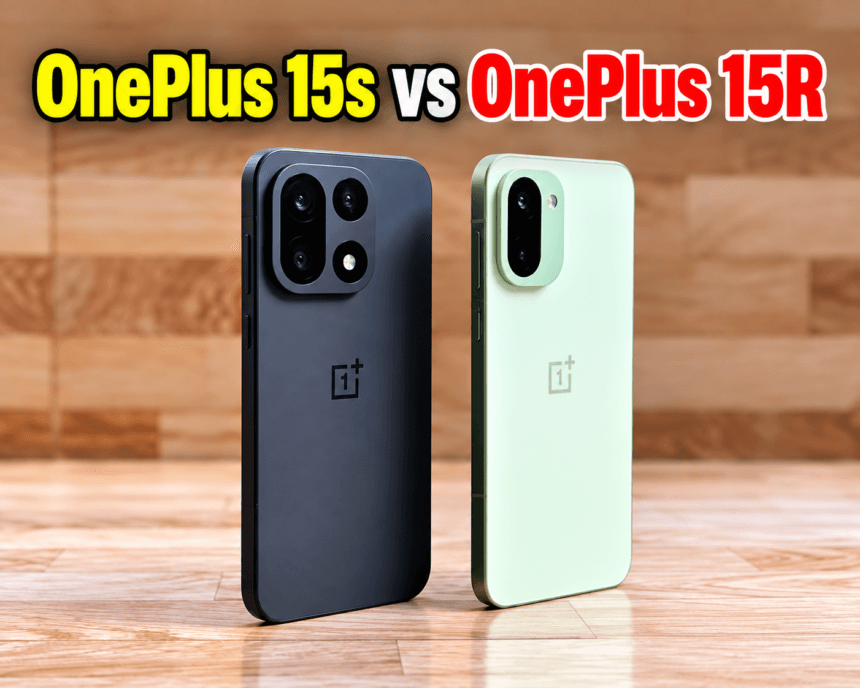 OnePlus 15s vs OnePlus 15R comparison graphic with two smartphones