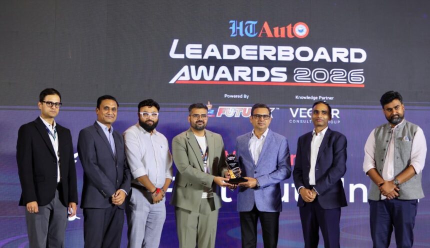 VinFast India representatives receive the EV Manufacturer of the Year award at HT Auto Leaderboard Awards 2026.