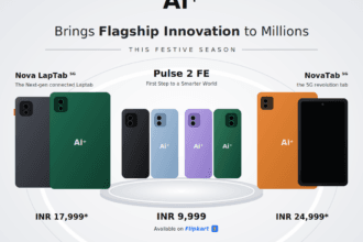 Ai+ Smartphone festive banner showing Nova LapTab, Pulse 2 FE smartphones and NovaTab in different colours