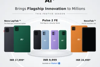 Ai+ Smartphone festive banner showing Nova LapTab, Pulse 2 FE smartphones and NovaTab in different colours