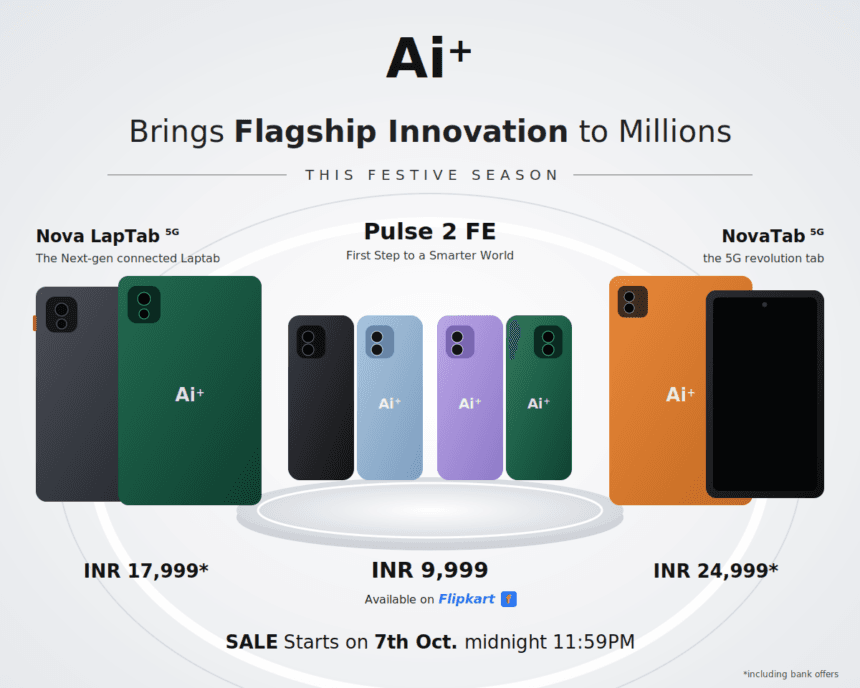 Ai+ Smartphone festive banner showing Nova LapTab, Pulse 2 FE smartphones and NovaTab in different colours
