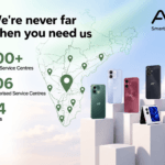 Ai+ Smartphone Service Centres expansion in South India featuring an India map, location pins and smartphone lineup