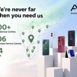 Ai+ Smartphone Service Centres expansion in South India featuring an India map, location pins and smartphone lineup