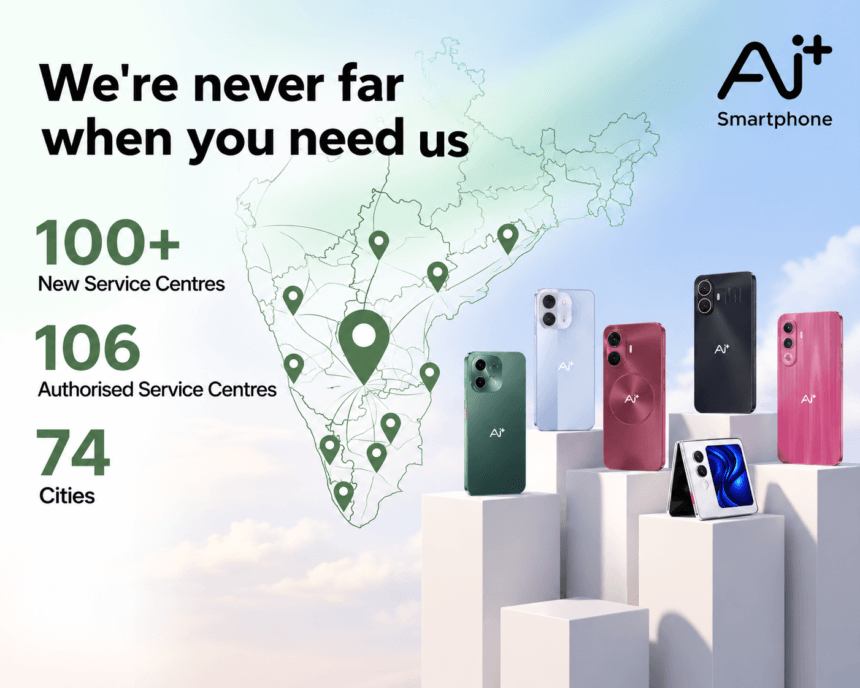 Ai+ Smartphone Service Centres expansion in South India featuring an India map, location pins and smartphone lineup