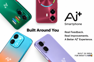 Ai+ Smartphone devices in green, red, blue and purple with the message Built Around You