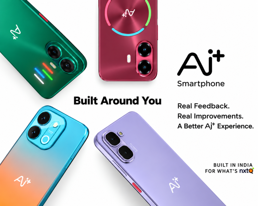 Ai+ Smartphone devices in green, red, blue and purple with the message Built Around You