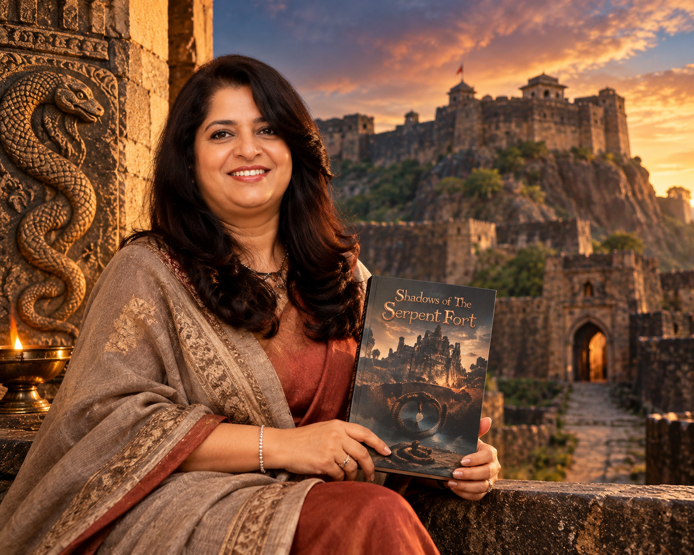 Arti Chavan – Illustrative portrait of a woman author holding Shadow of the Serpent Fort against an ancient fortress backdrop