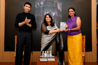 Arti Chavan presents Shadow of the Serpent Fort with Shanthi Priya and Sandip Soparrkar at the book launch.