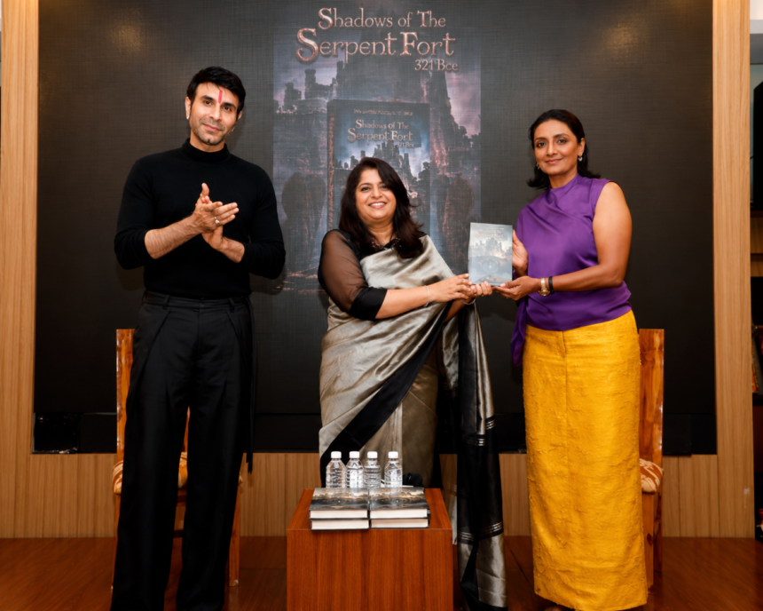 Arti Chavan presents Shadow of the Serpent Fort with Shanthi Priya and Sandip Soparrkar at the book launch.