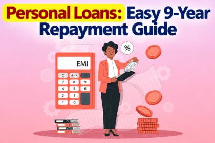 Person holding financial documents beside an EMI calculator illustration for personal loans