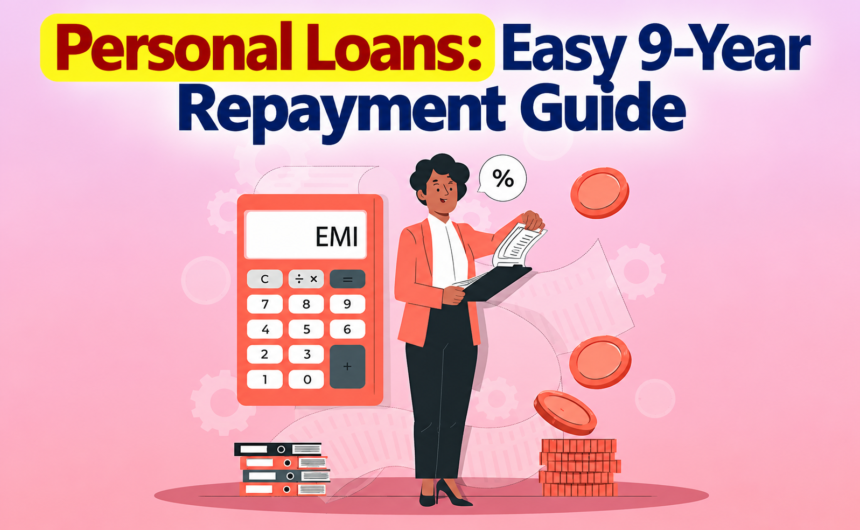 Person holding financial documents beside an EMI calculator illustration for personal loans