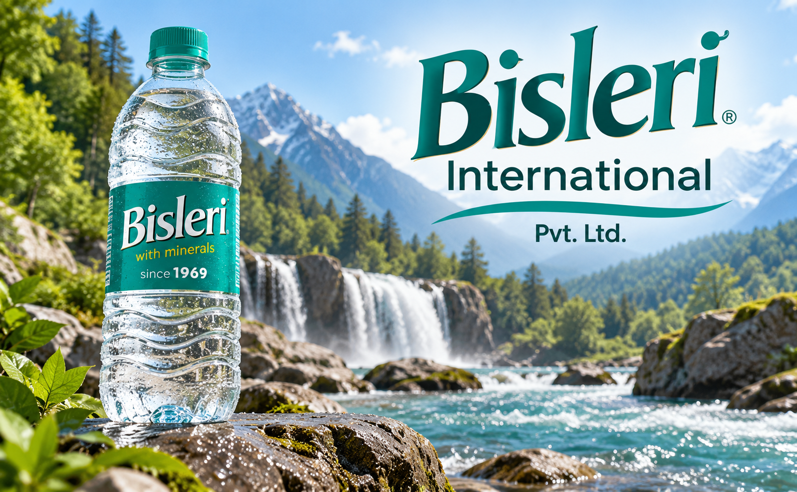 Bisleri water bottle beside a natural river and waterfall with Bisleri International branding
