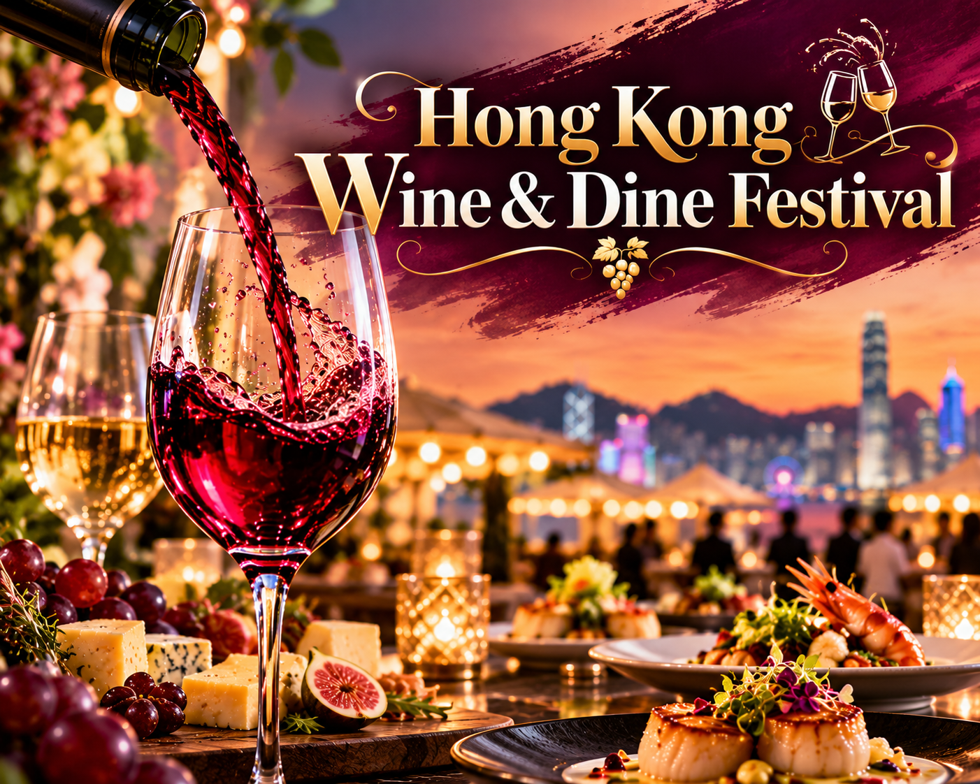 Hong Kong Wine Dine Festival with red wine pouring into a glass against a sunset harbour backdrop