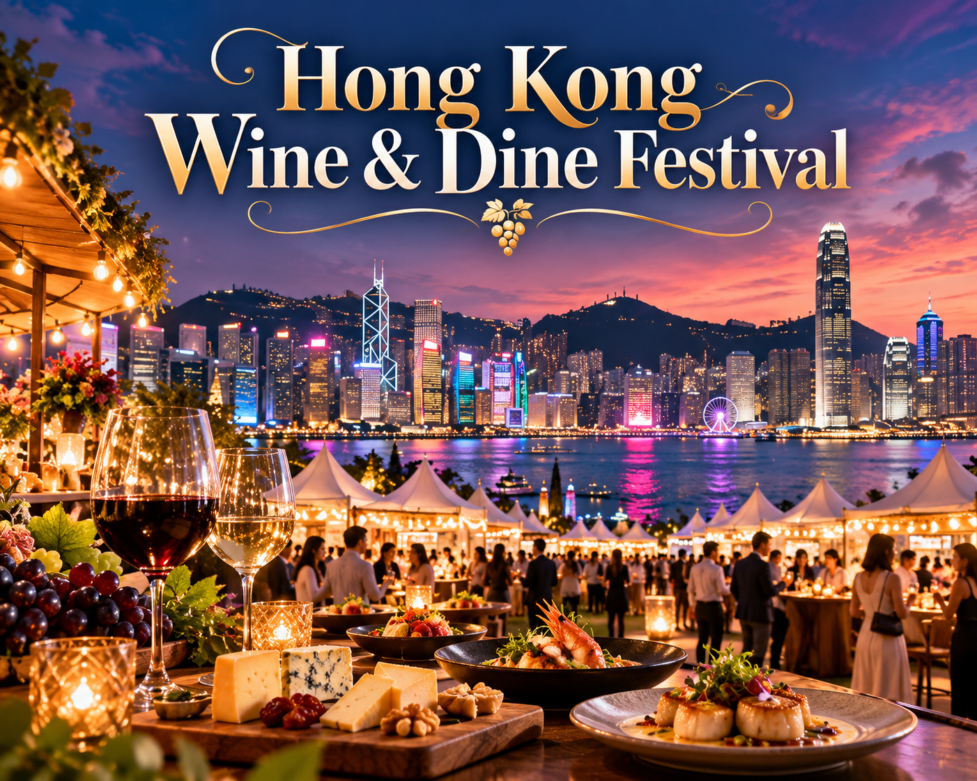 Hong Kong Wine Dine Festival stage with colourful lights, fireworks and a large audience