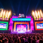 Hong Kong Wine Dine Festival stage illuminated with colourful lights, fireworks and a large audience at night