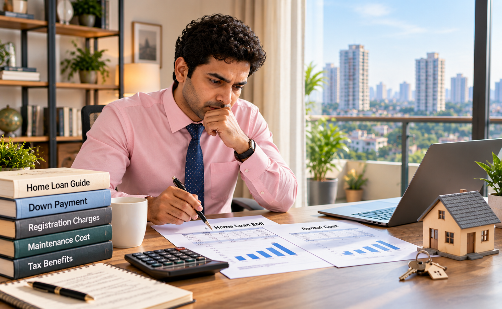 Buying vs renting house: Man reviewing home loan EMI, down payment and rental costs while planning a house purchase in India.