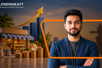 Lendingkart MSME finance banner with a businessman, retail shop and rising growth arrow for Diwali Demand