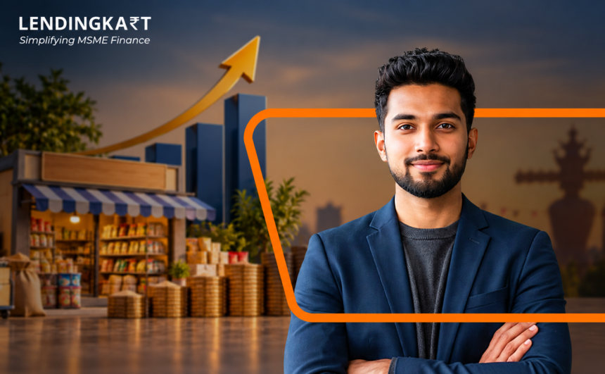 Lendingkart MSME finance banner with a businessman, retail shop and rising growth arrow for Diwali Demand