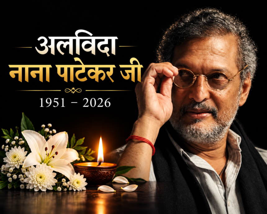 Nana Patekar Death News memorial tribute image with flowers and a glowing diya, 1951–2026