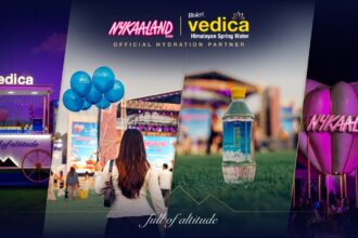 Nykaaland 2026 and Vedica Himalayan Spring Water Hydration Partner branding at the festival