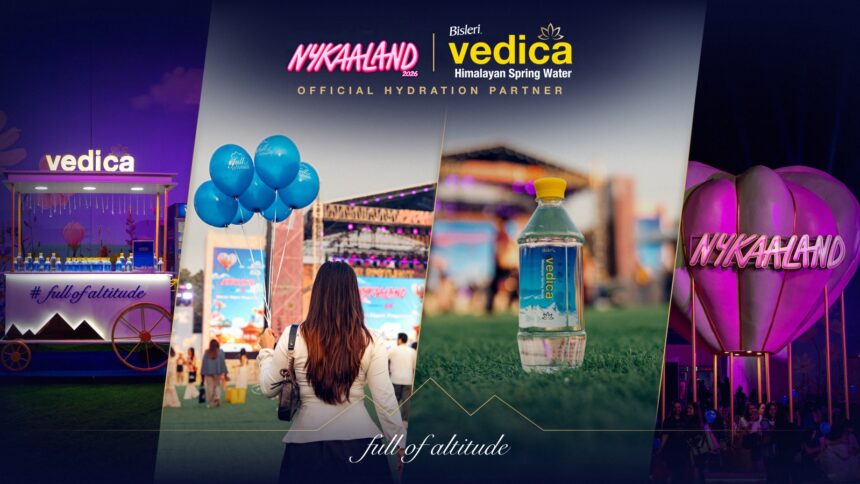 Nykaaland 2026 and Vedica Himalayan Spring Water Hydration Partner branding at the festival