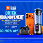 Quick India Movement sale banner on Instamart featuring electronics, earbuds and a blender with 50–90% off.