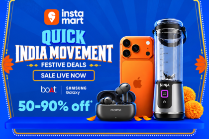 Quick India Movement sale banner on Instamart featuring electronics, earbuds and a blender with 50–90% off.