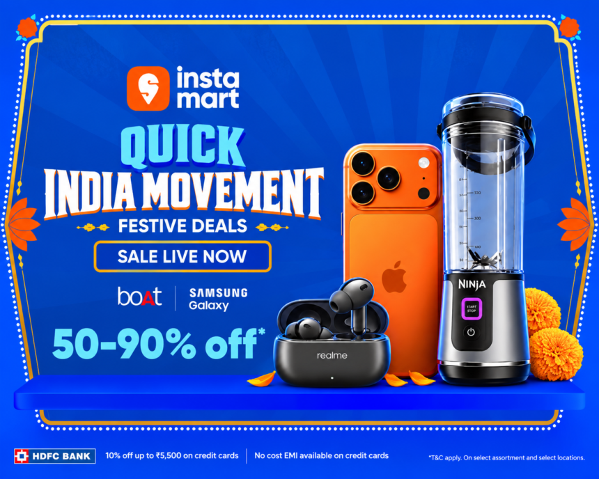 Quick India Movement sale banner on Instamart featuring electronics, earbuds and a blender with 50–90% off.