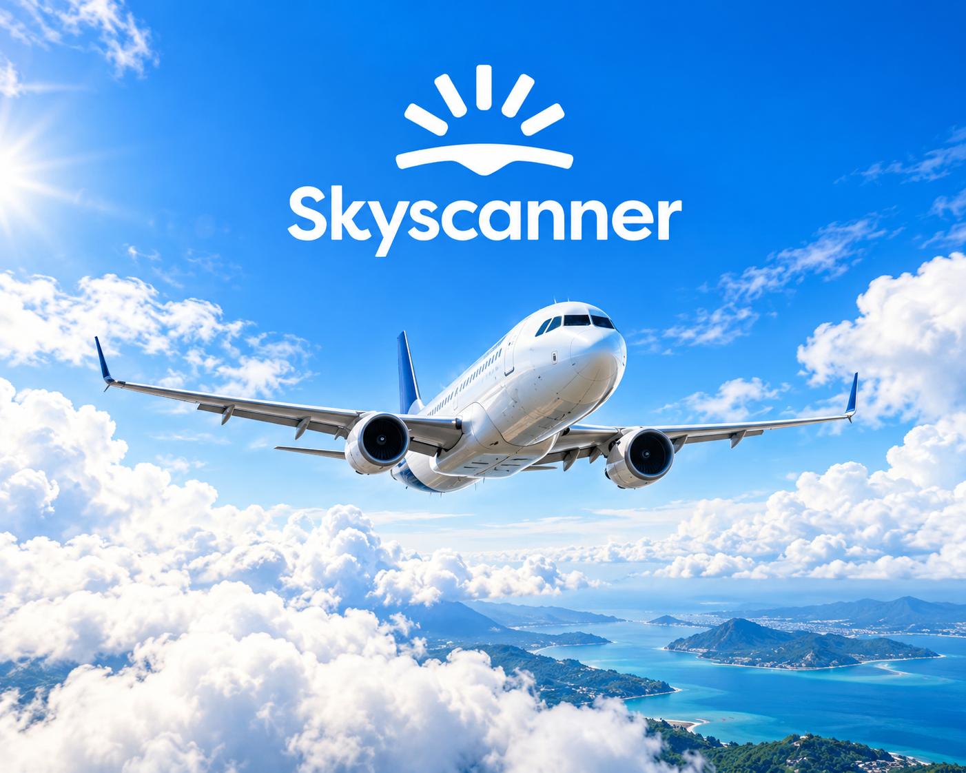 Travel Trends 2027- Skyscanner logo with a passenger airplane flying through a beautiful blue sky and white clouds