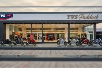 TVS Paddock premium motorcycle showroom exterior with motorcycles displayed outside