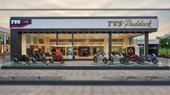 TVS Paddock premium motorcycle showroom exterior with motorcycles displayed outside