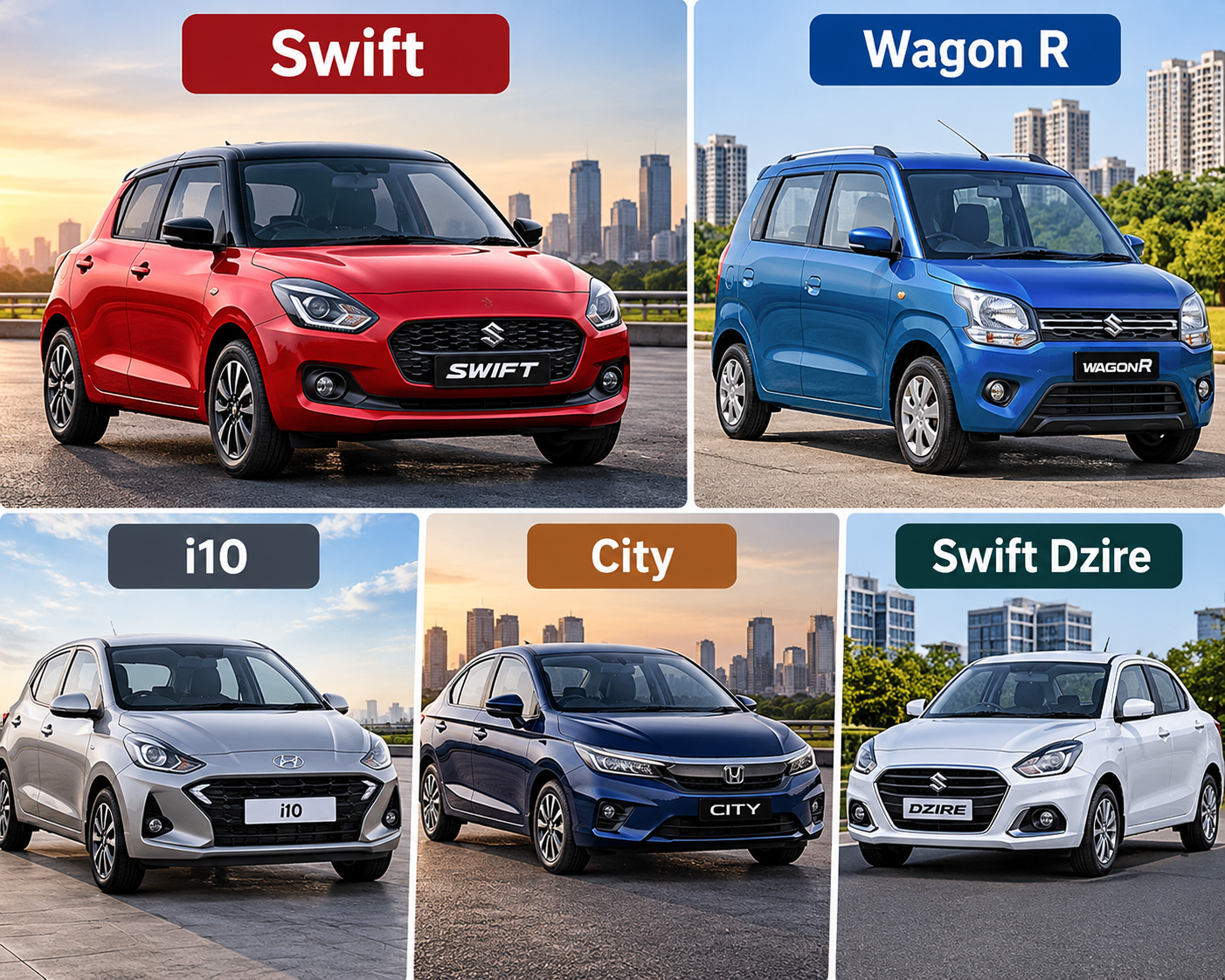 Used Car Market - Five used car models, Maruti Suzuki Swift, Wagon R, Hyundai i10, Honda City and Swift Dzire.