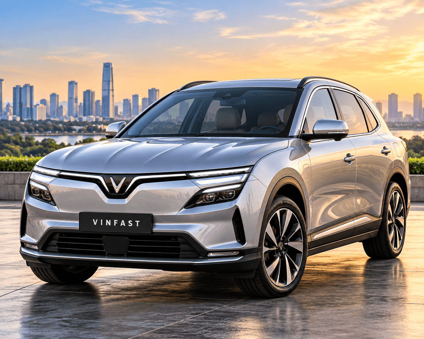 VinFast electric SUV in silver with V emblem parked against a city skyline