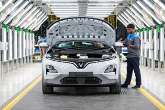 Electric Mobility : VinFast electric SUV undergoing inspection at an automotive manufacturing facility