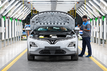 Electric Mobility : VinFast electric SUV undergoing inspection at an automotive manufacturing facility
