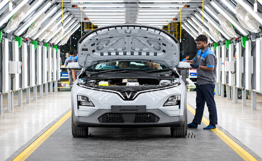 Electric Mobility : VinFast electric SUV undergoing inspection at an automotive manufacturing facility