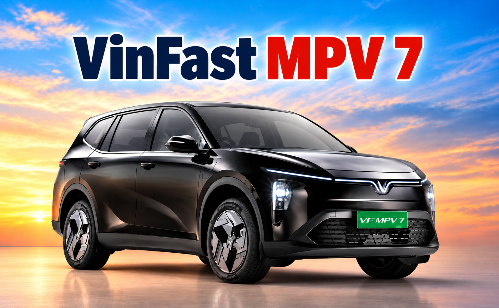 Black VinFast MPV 7 car against a colourful sunset sky